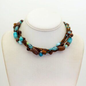 16 inch, Vintage Blue & Brown Beads Unique Choker Necklace - T26